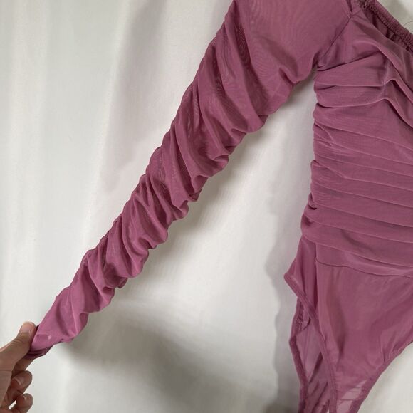 Princess Polly Bodysuit Women's 4 Pink Mesh Ruched Square Neck Long Sleeve - Picture 5 of 12